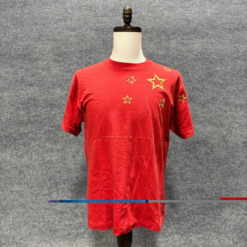 Vintage 90s Fruit of the Loom BEST Red Gold Star Embroidered T-Shirt L USA Made